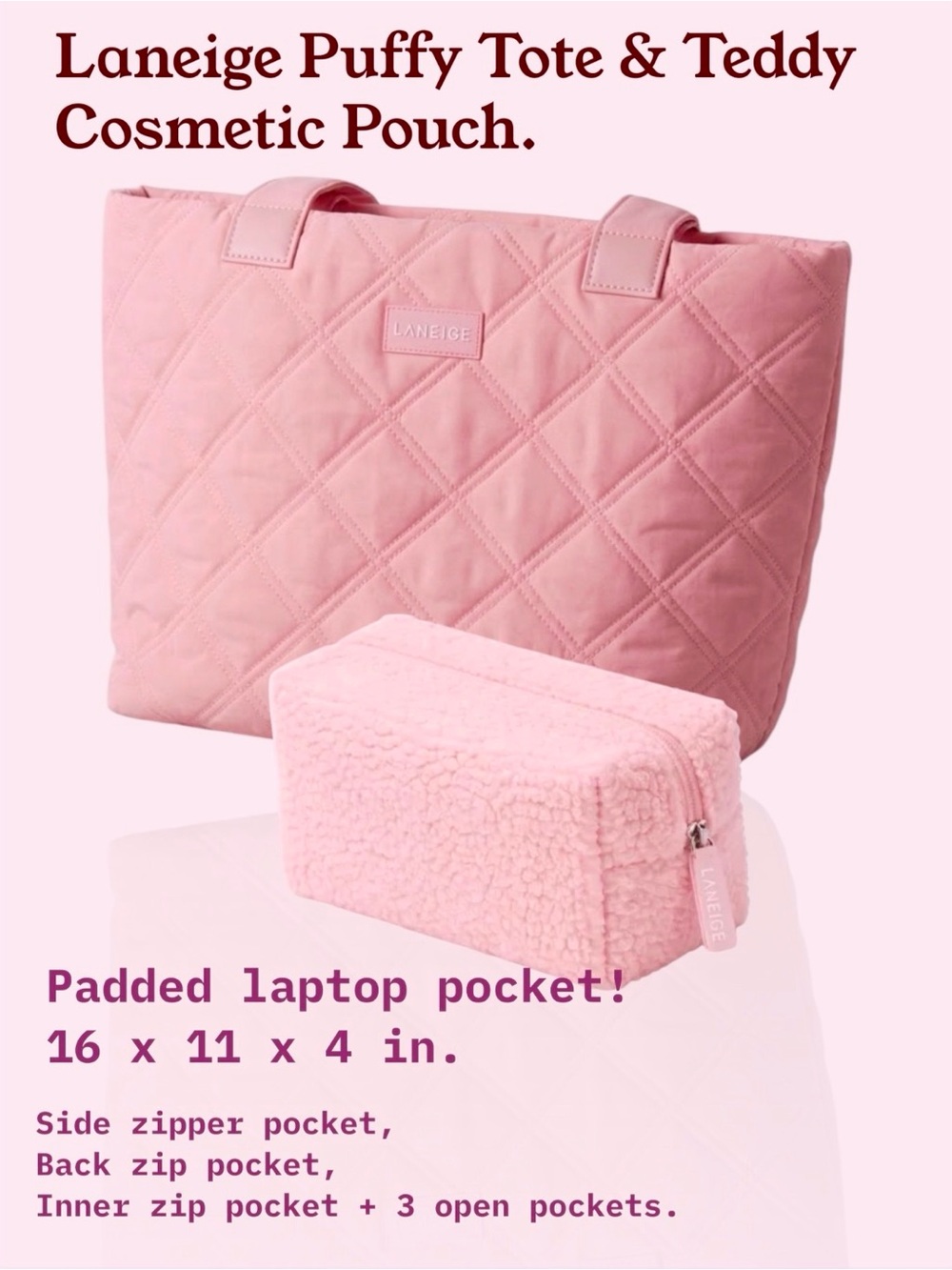Laneige Puffy Tote with Teddy Cosmetic Pouch Pink/Blush New.